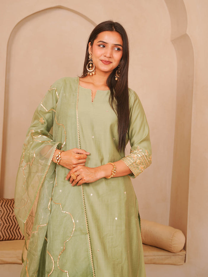 SAGE GREEN CHANDERI SHARARA SET WITH ORGANZA DUPATTA