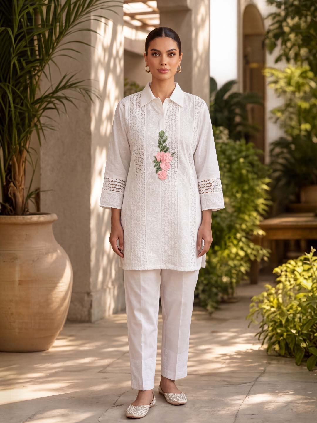 WHITE COTTON SCHIFFLI EMBROIDERED CO-ORD SET