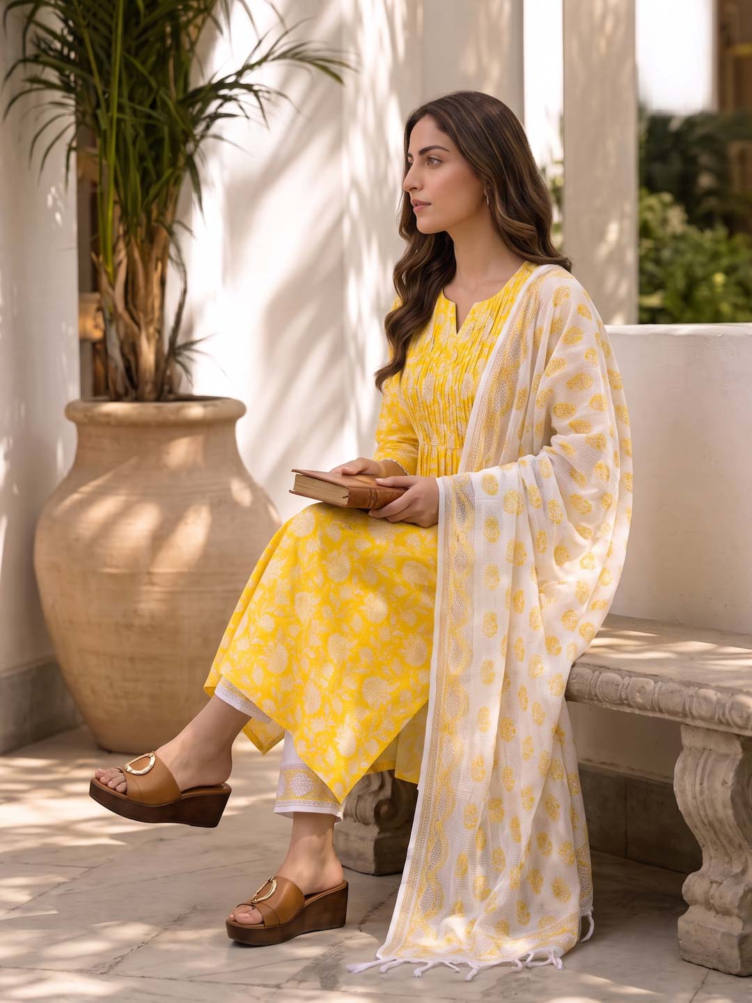 YELLOW HANDBLOCK KOTA DORIA SUIT SET WITH SMOCKING WORK