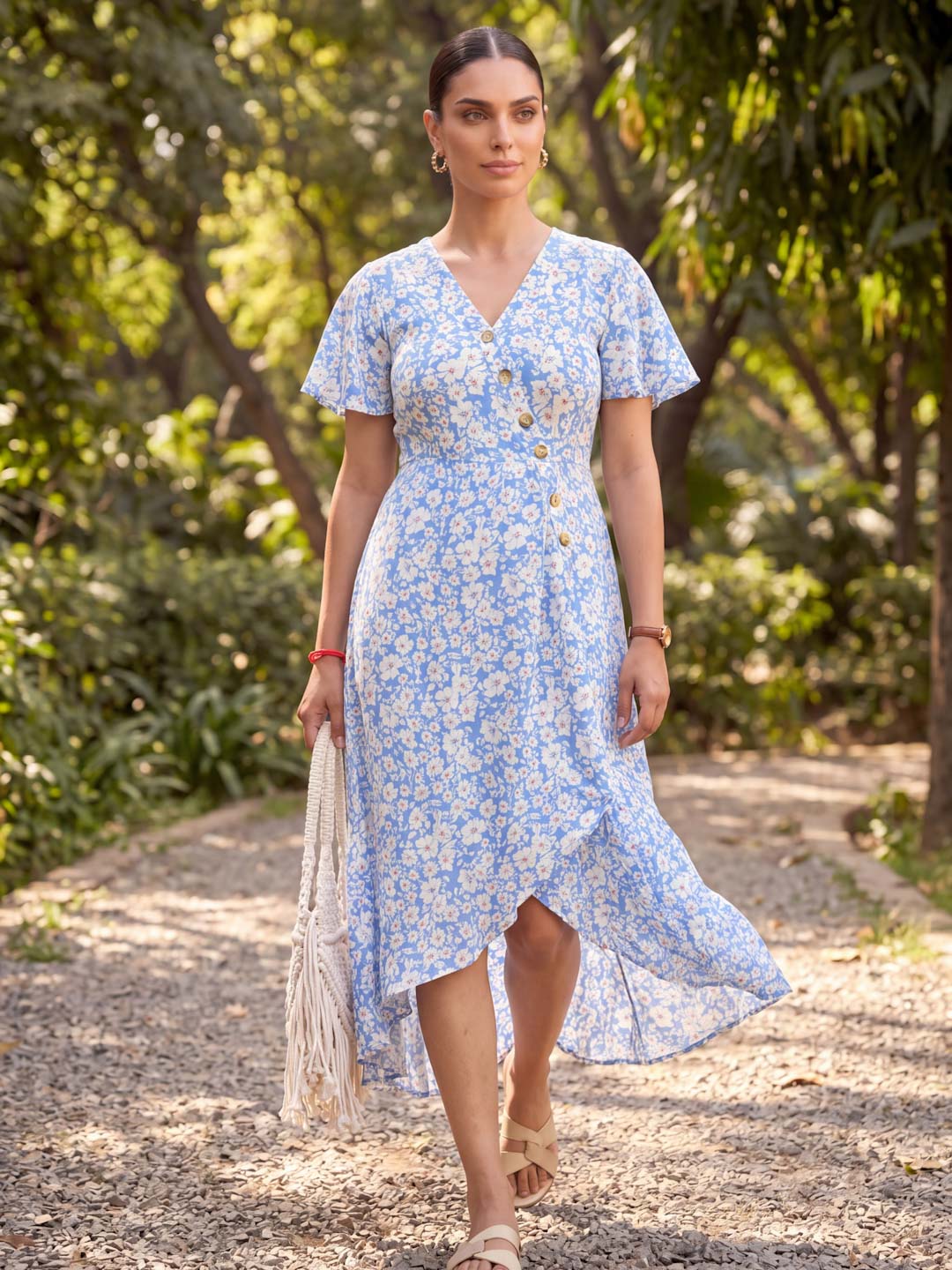 BLUE & WHITE FLOWER ASSYMETRIC RAYON DRESS