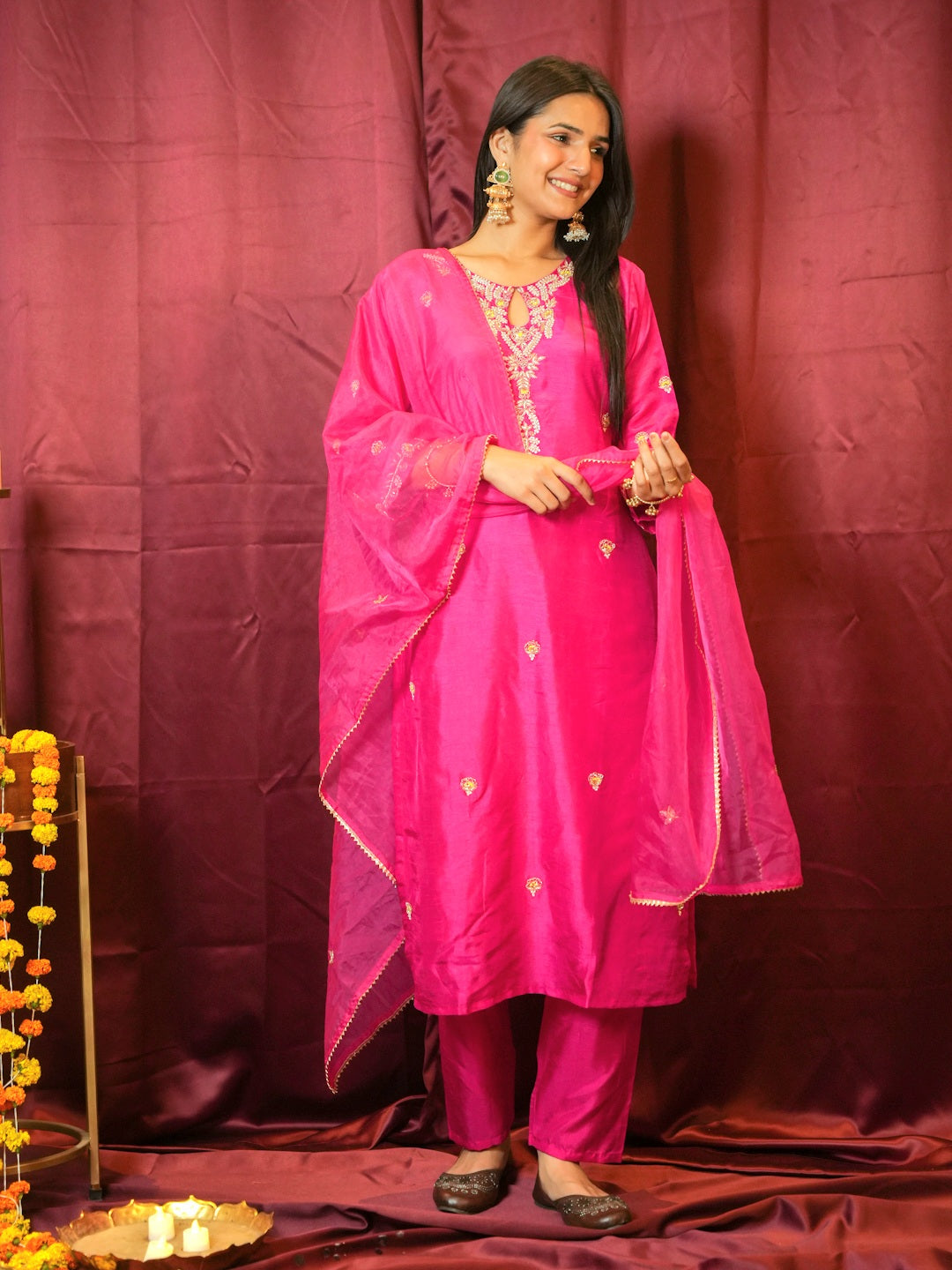 MAGENTA HANDWORK SUIT SET WITH ORGANZA DUPATTA