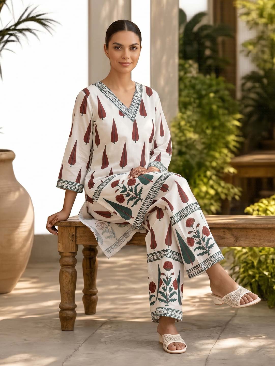 CREAM & RED RAYON CO-ORD SET