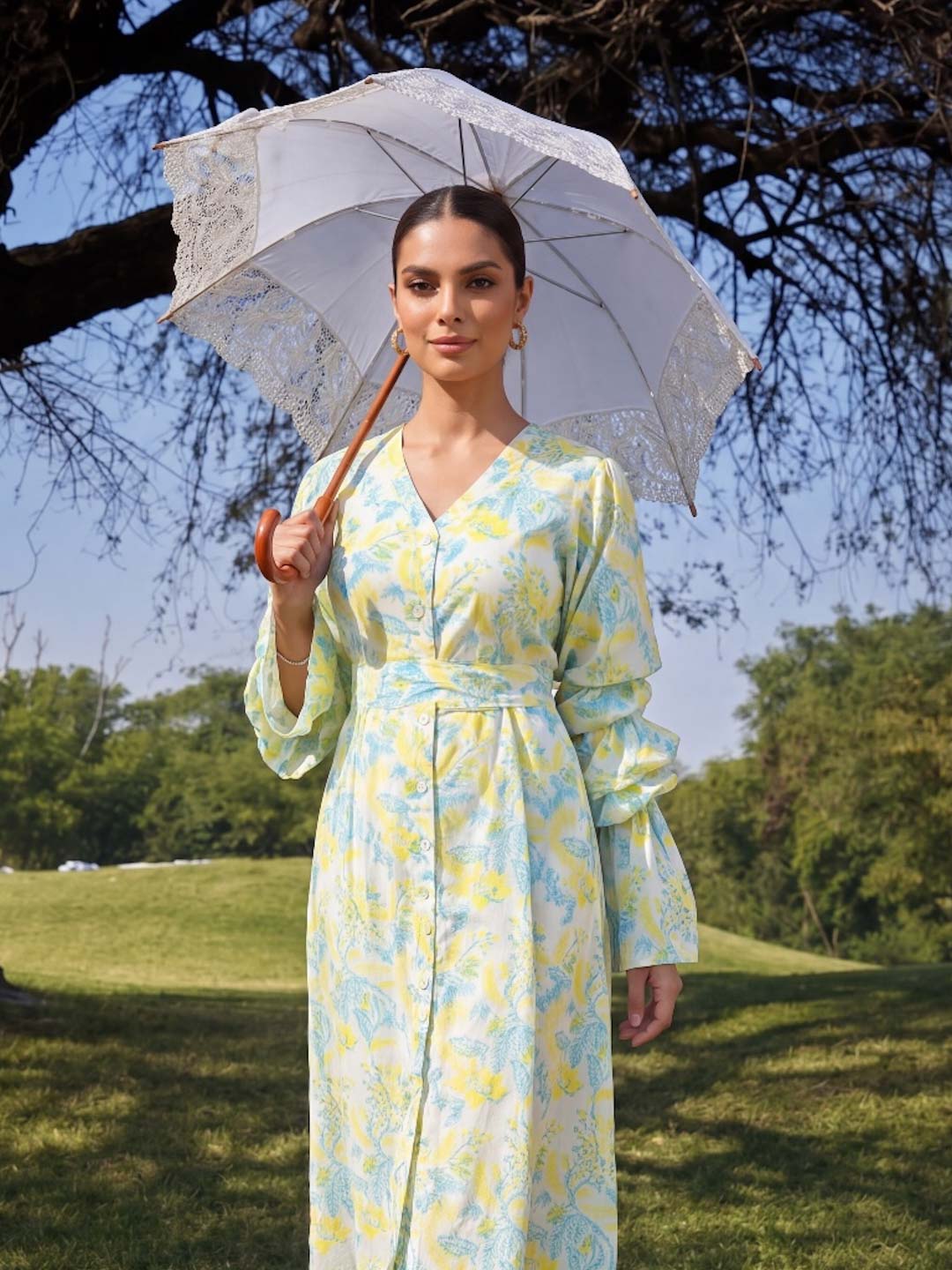 YELLOW & GREEN HANDBLOCK DRESS WITH BELL SLEEVES