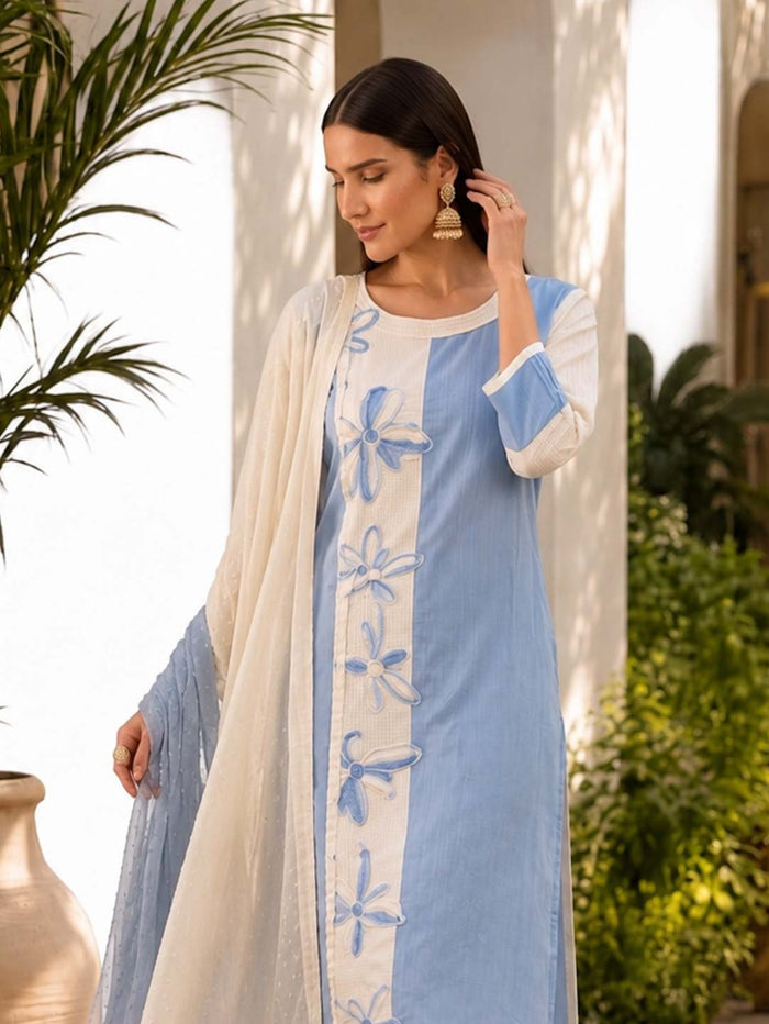 BLUE & CREAM HANDWORK & EMBROIDERED SUIT SET