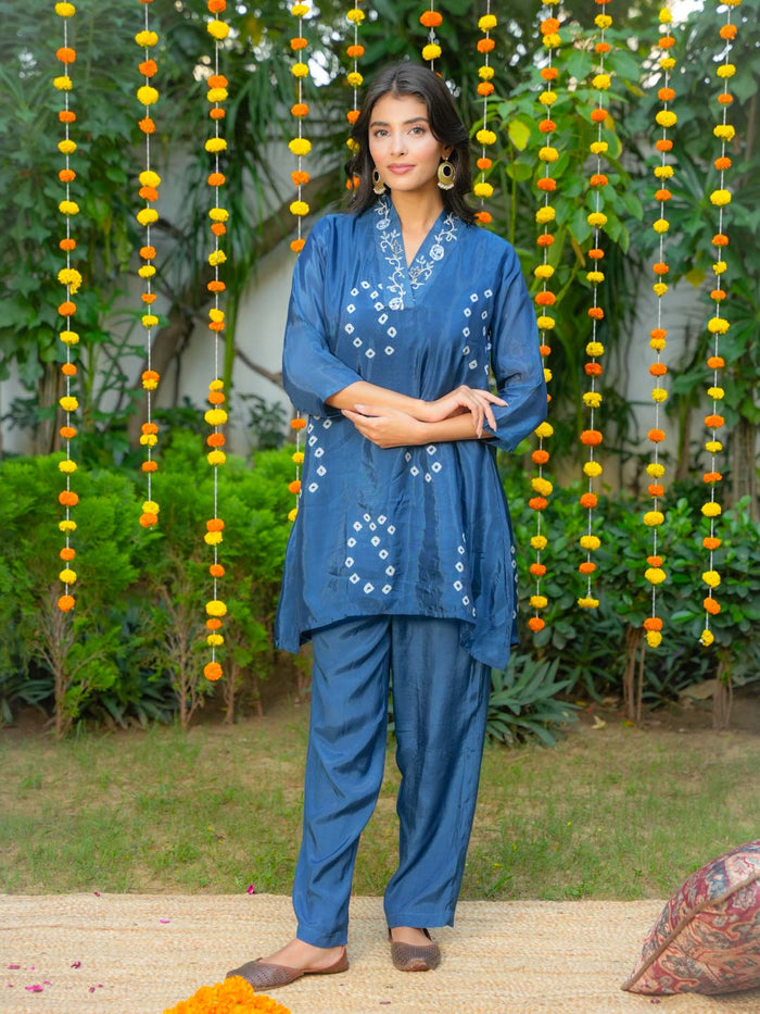 ROYAL BLUE HANDWORK AND BANDHEJ WORK CO-ORD SET