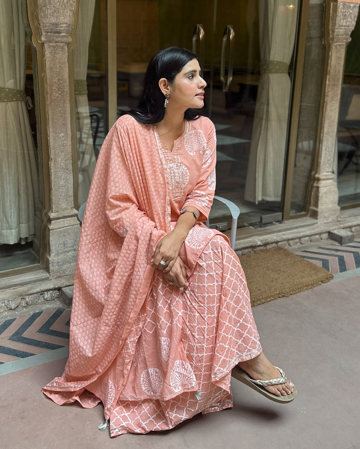PINK HANDBLOCK SHARARA SET