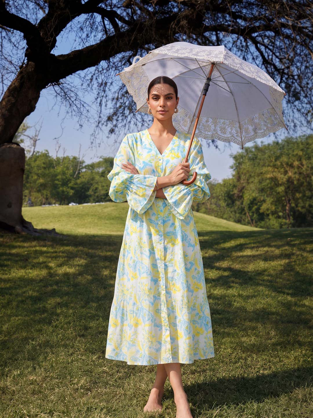 YELLOW & GREEN HANDBLOCK DRESS WITH BELL SLEEVES