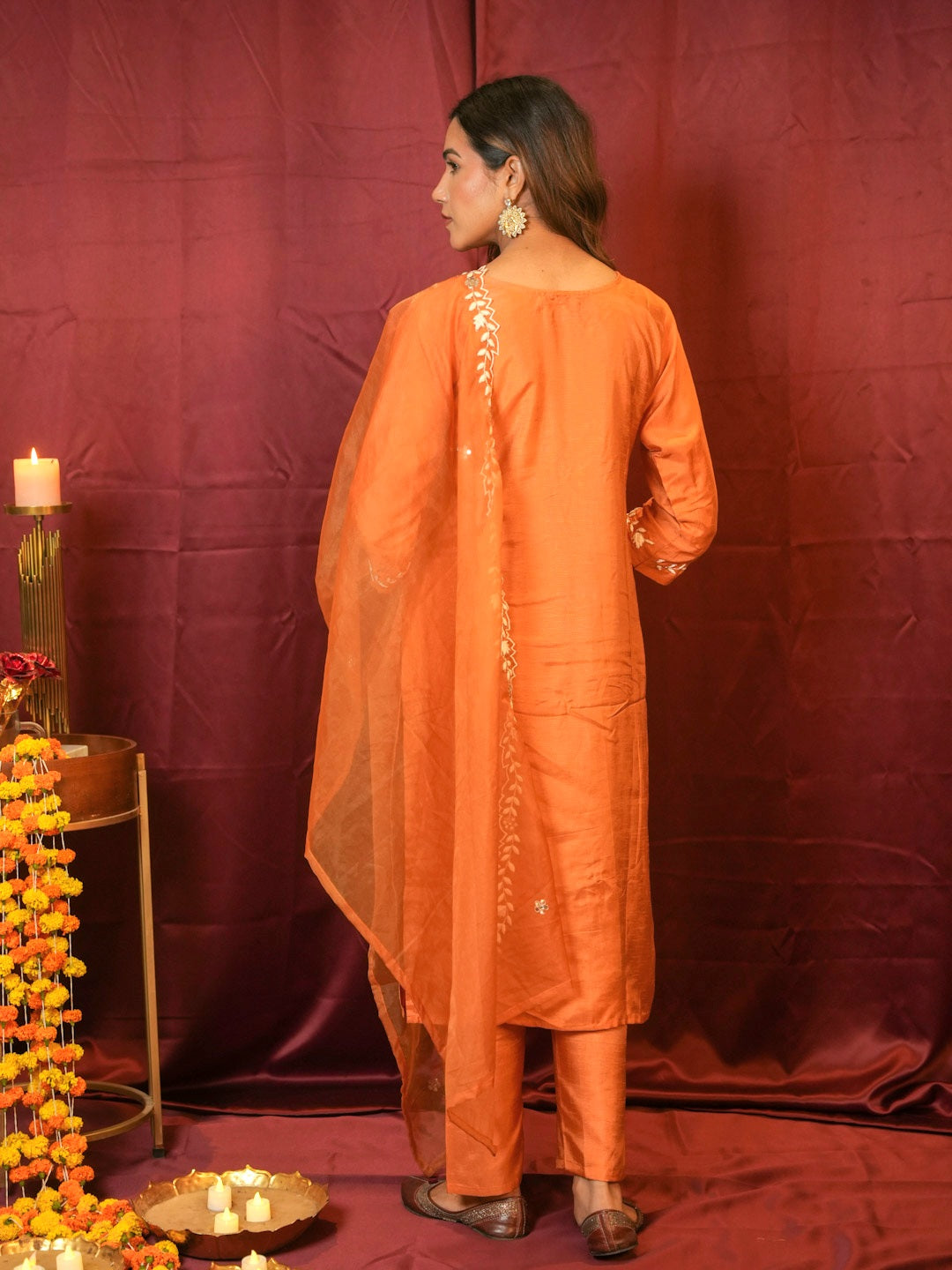 FLAME ORANGE SUIT SET WITH HANDWORK – Gulabi Dori