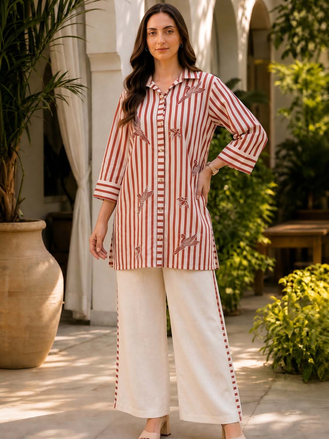 OFF-WHITE & RED STRIPED COTTON SLUB EMBROIDERED CO-ORD SET