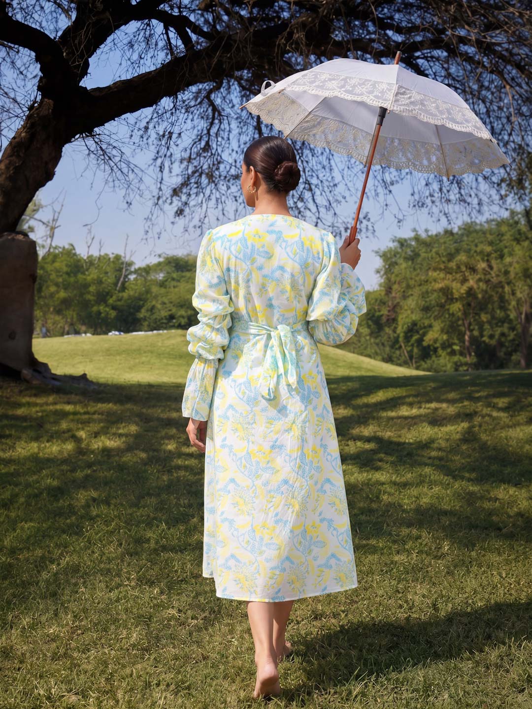 YELLOW & GREEN HANDBLOCK DRESS WITH BELL SLEEVES