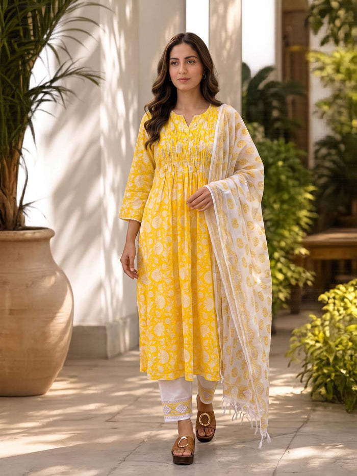YELLOW HANDBLOCK KOTA DORIA SUIT SET WITH SMOCKING WORK