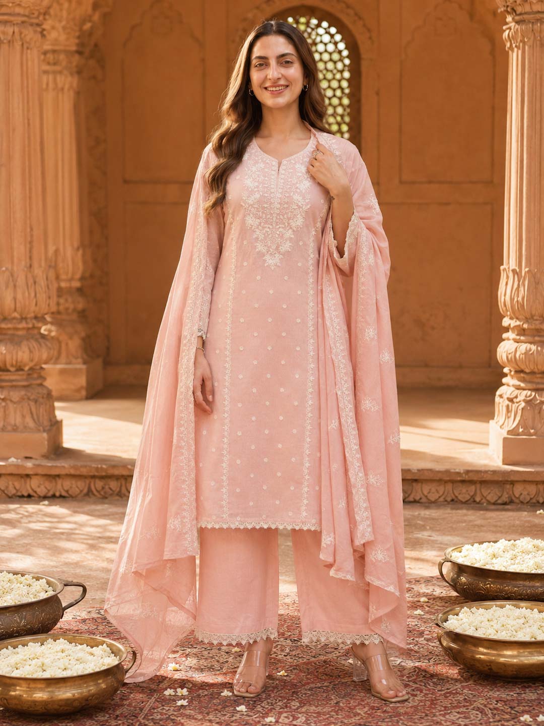 BABY PINK CRUSHED MUL CHANDERI EMBROIDERED SUIT SET