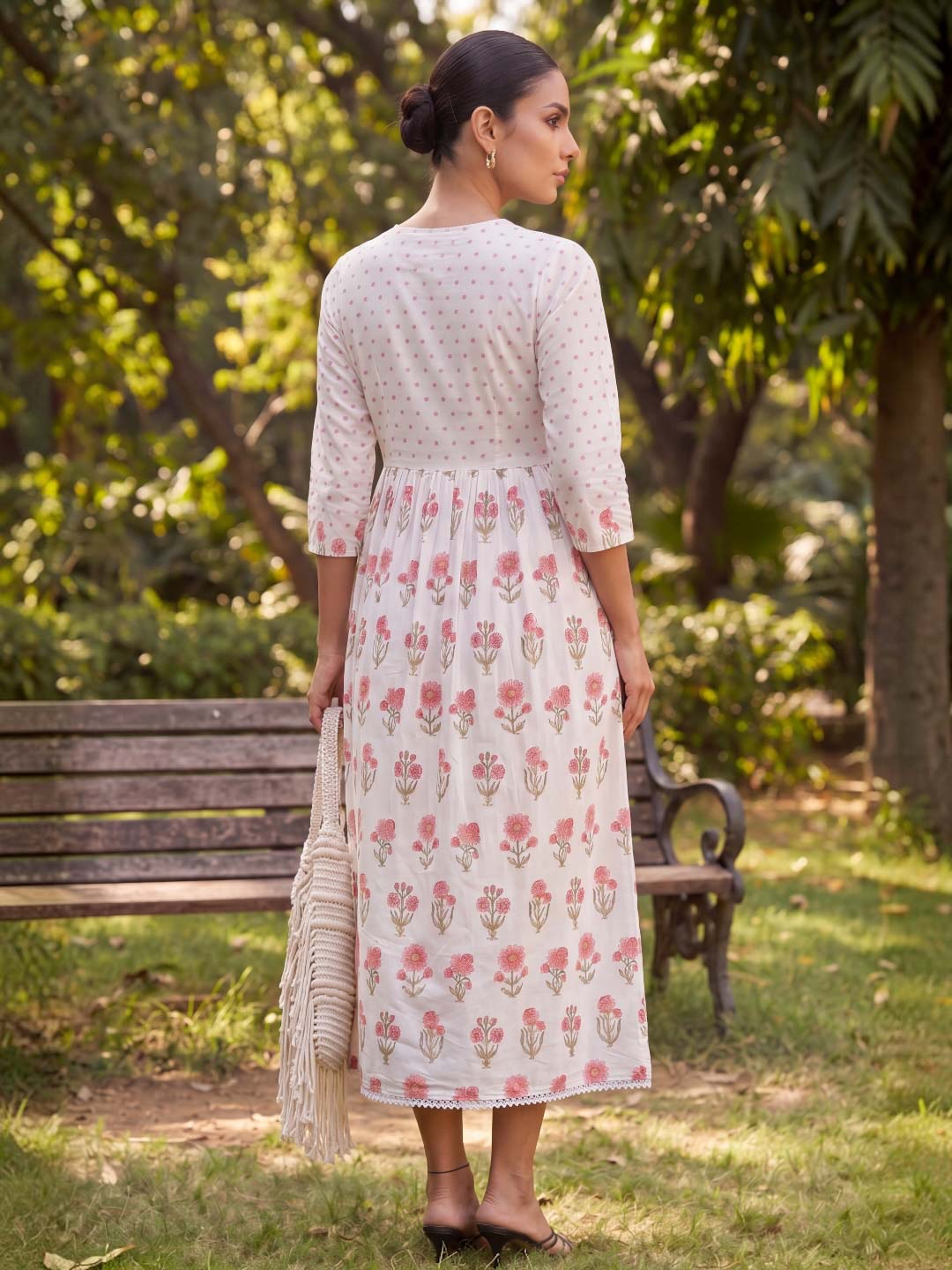 WHITE FLORAL HANDBLOCK DRESS WITH LINING