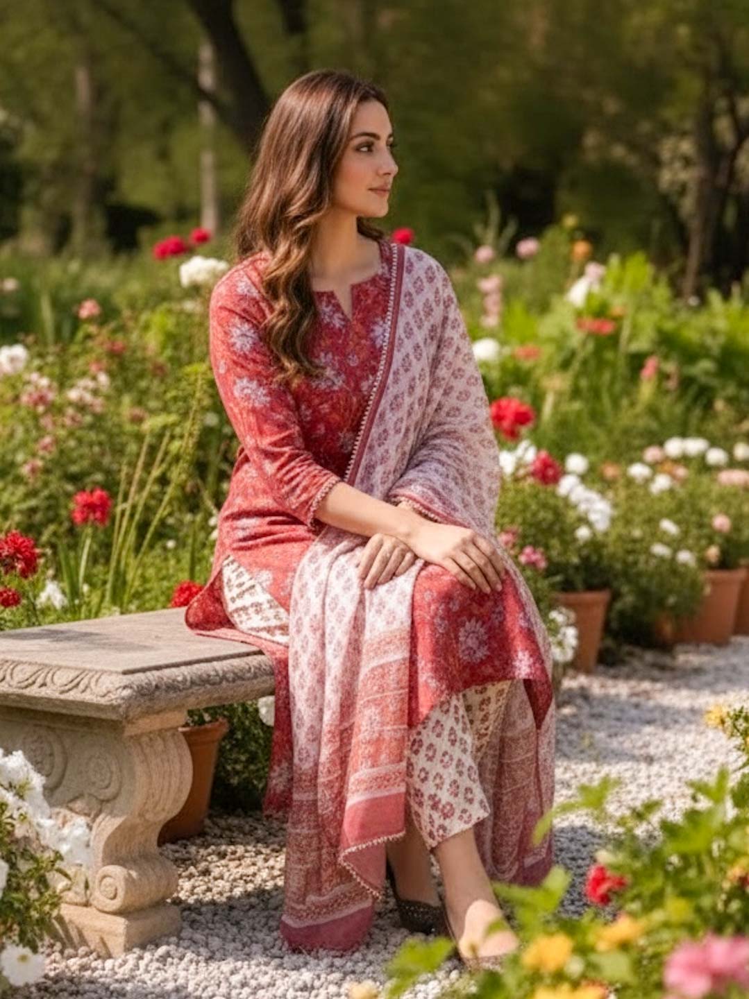 RED KOTA DORIA SUIT SET WITH HANDBLOCK AND GOTTA WORK
