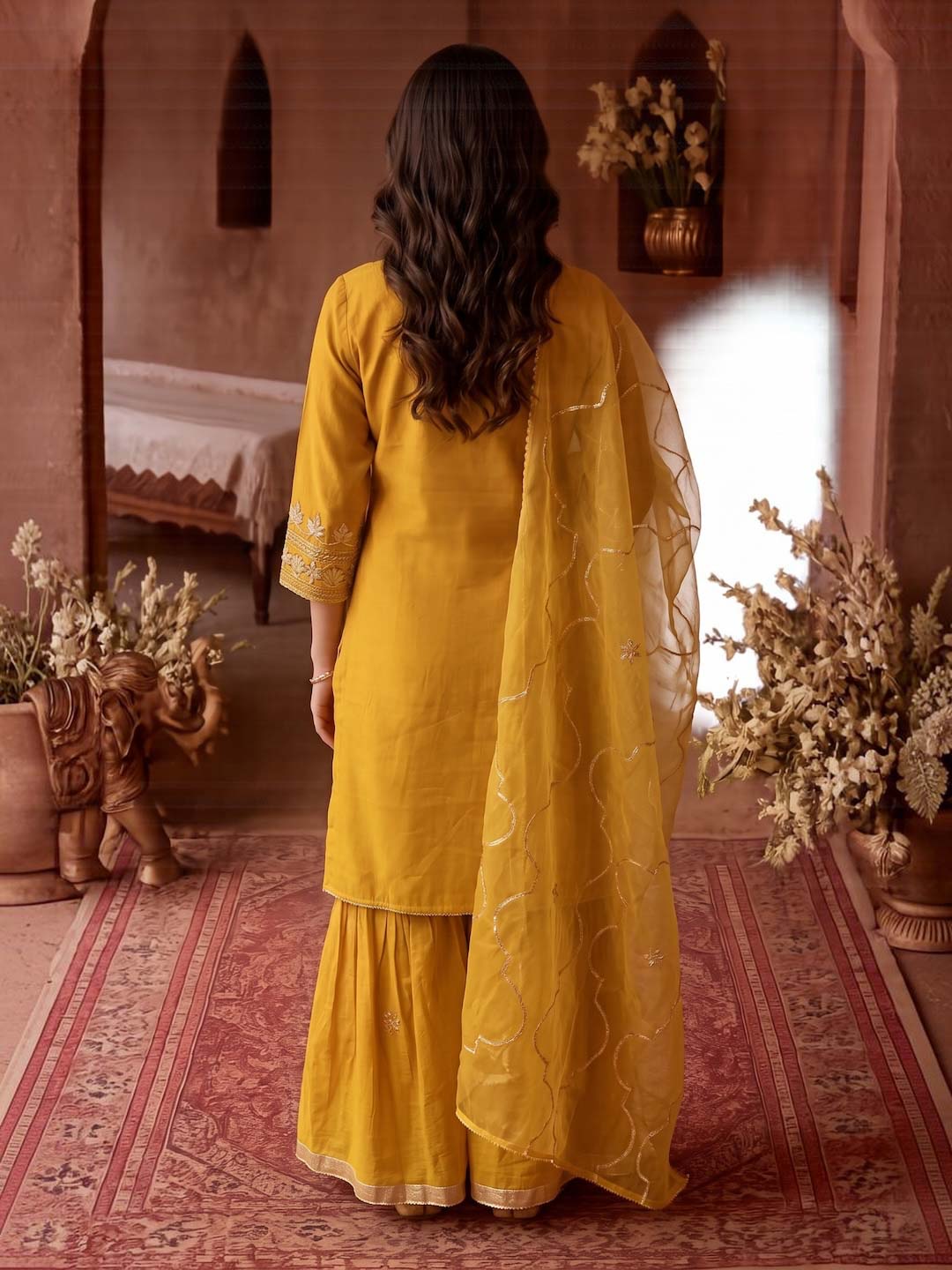 MUSTARD YELLOW CHANDERI SHARARA SET WITH ORGANZA DUPATTA