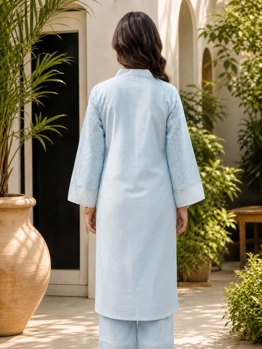 BLUE SCHIFFLI KURTA SET WITH PEARL WORK