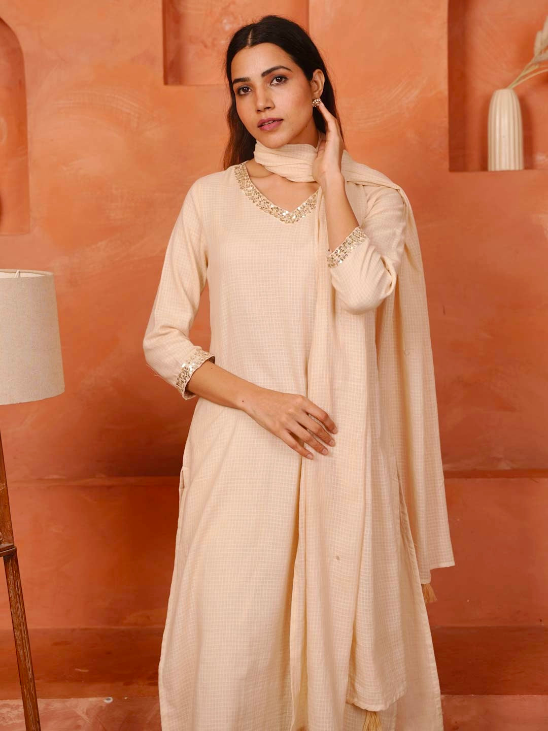 SOFT BEIGE KOTA DORIA SUITS SET WITH SEQUENCE WORK