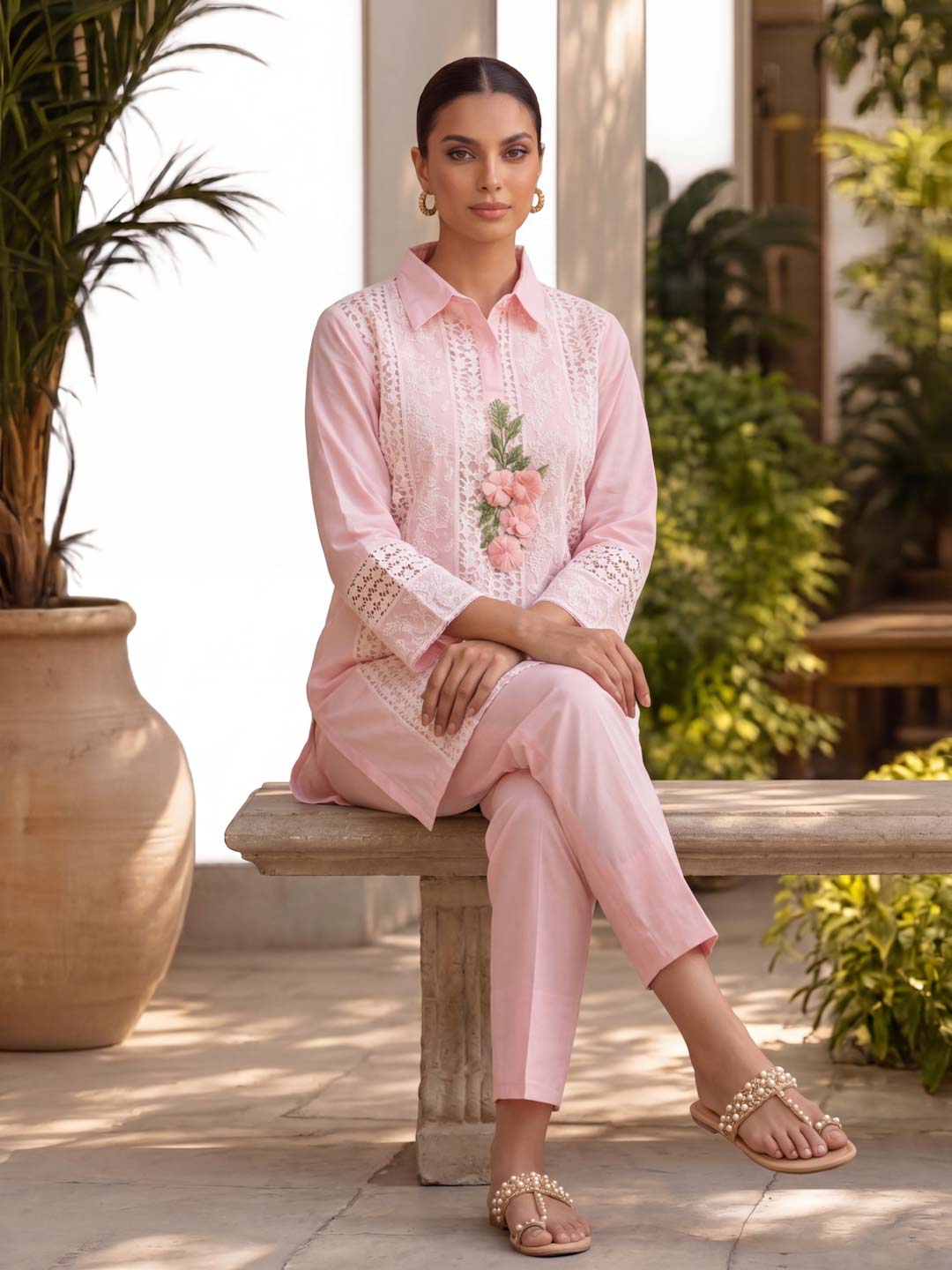 BABY PINK COTTON SCHIFFLI EMBROIDERED CO-ORD SET