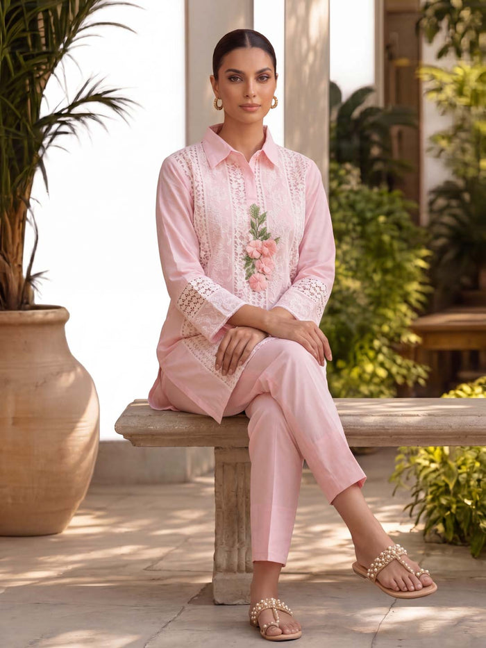 BABY PINK COTTON SCHIFFLI EMBROIDERED CO-ORD SET