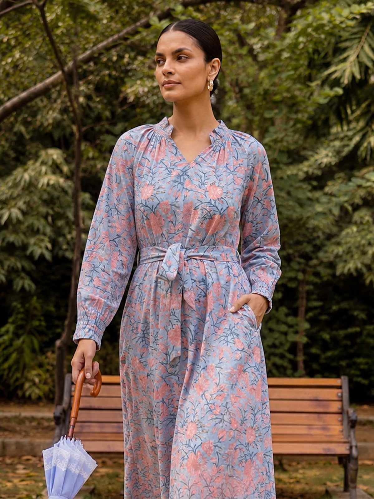 GREY FLOWER COTTON HANDBLOCK DRESS