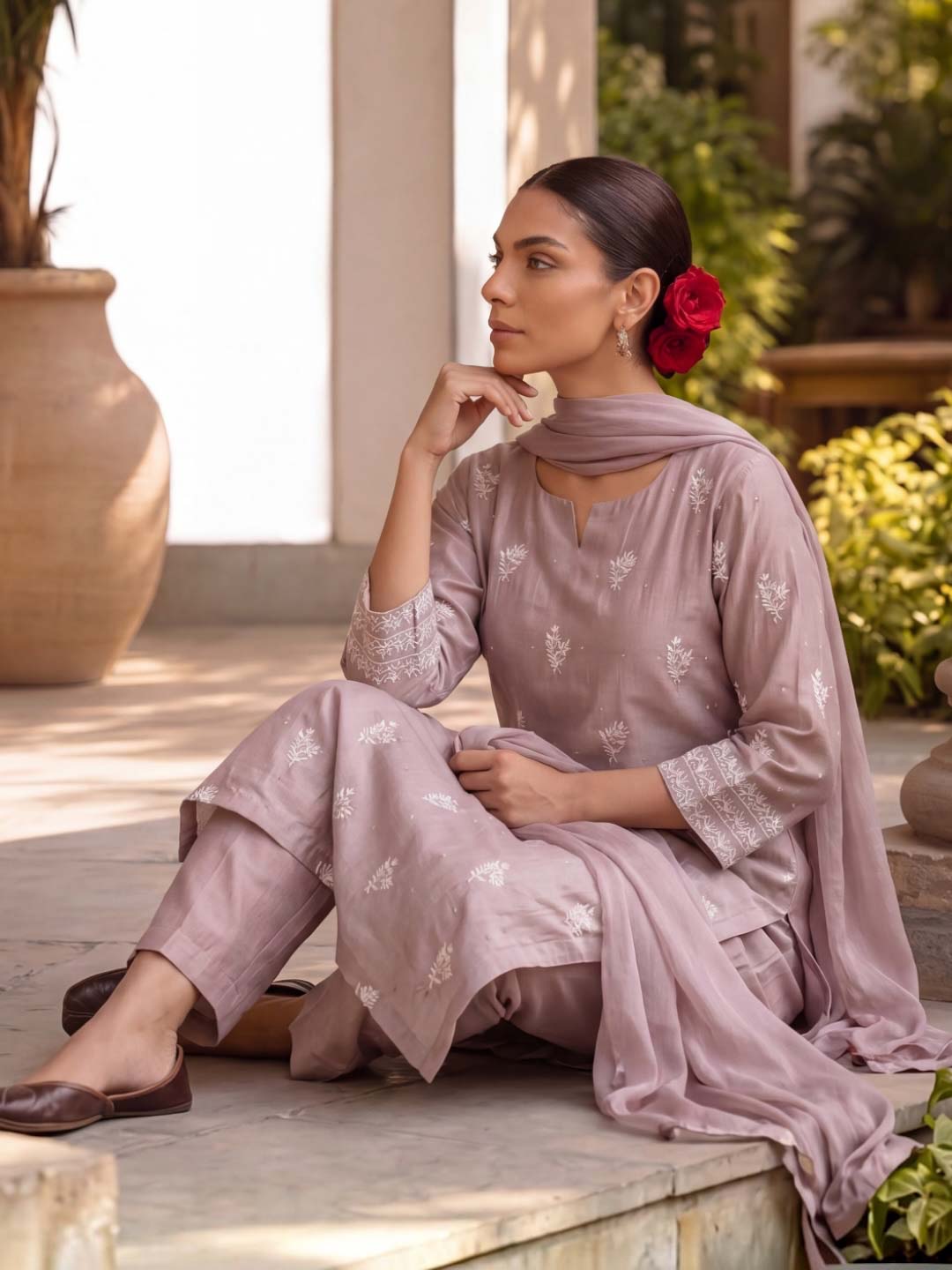 MAUVE CHANDERI SUIT SET WITH EMBROIDERY