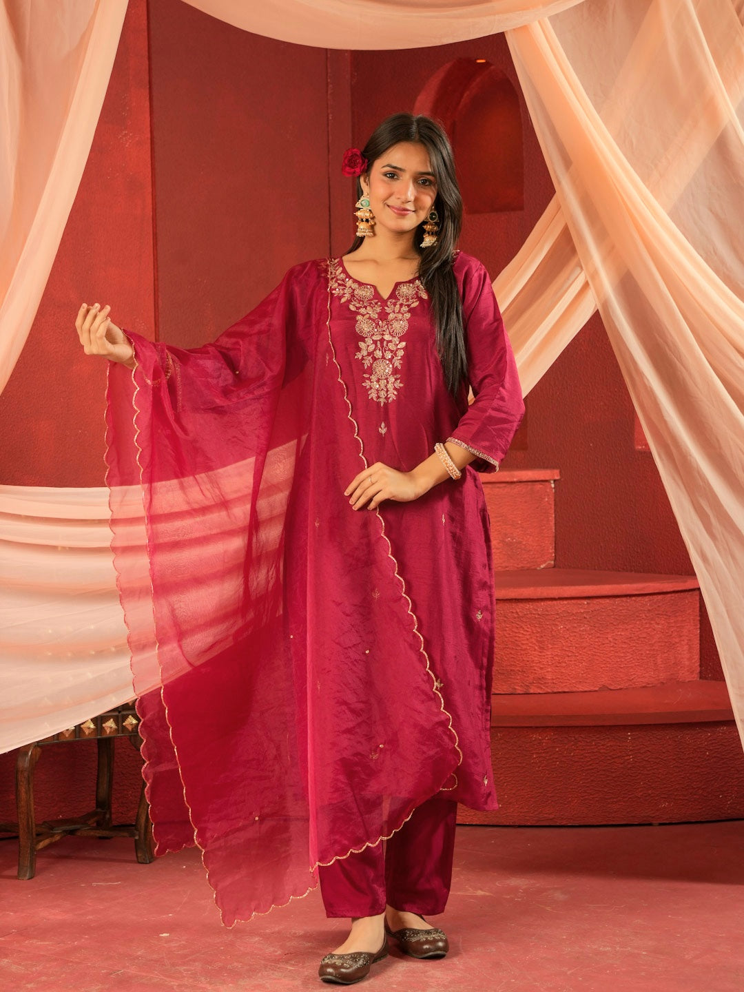 RASPBERRY SUIT SET WITH HANDWORK AND ORGANZA DUPTTA