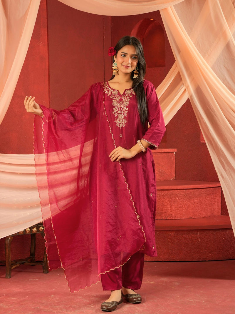RASPBERRY SUIT SET WITH HANDWORK AND ORGANZA DUPTTA
