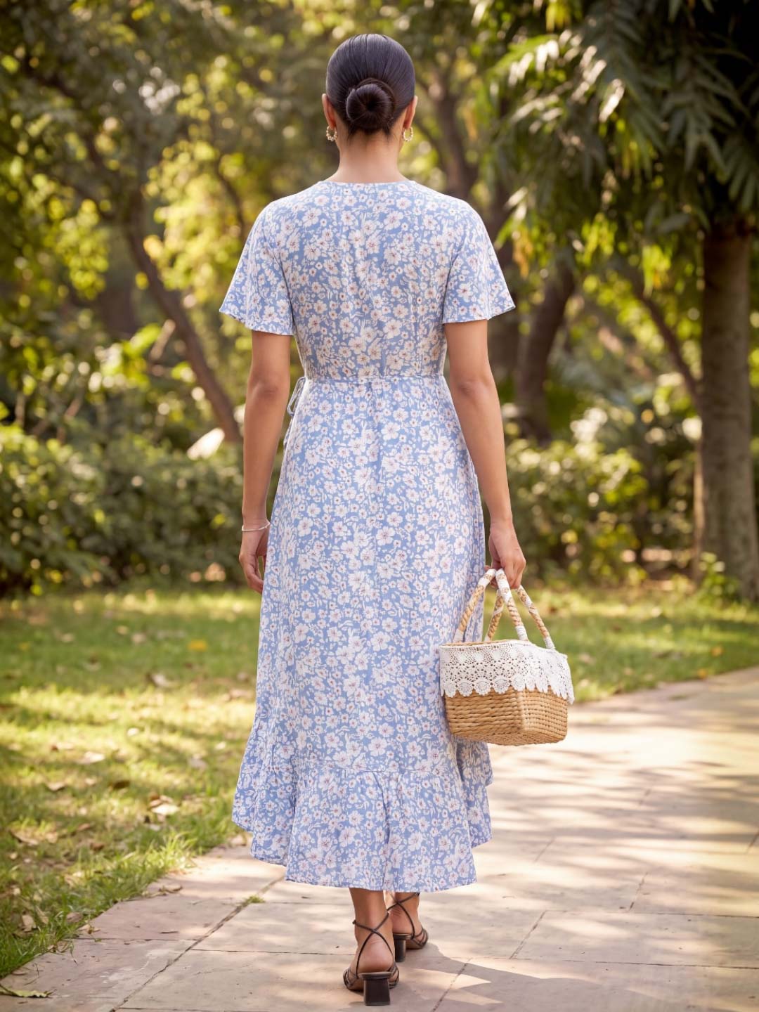 BLUE & WHITE FLOWER ASSYMETRIC RAYON DRESS
