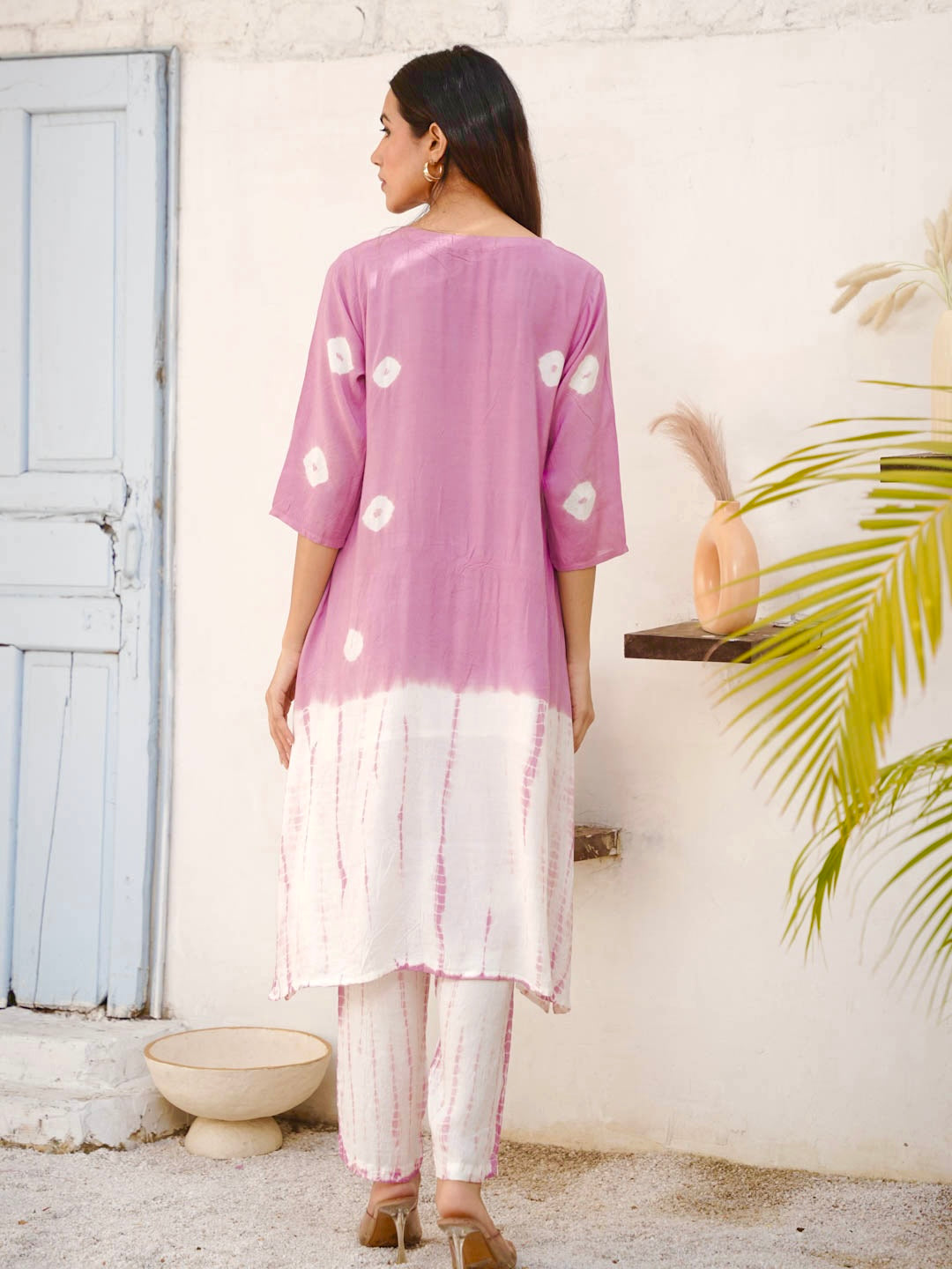 SOFT PINK SHANTUNG SILK CO-ORD SET WITH BANDHEJ & TIE DYE