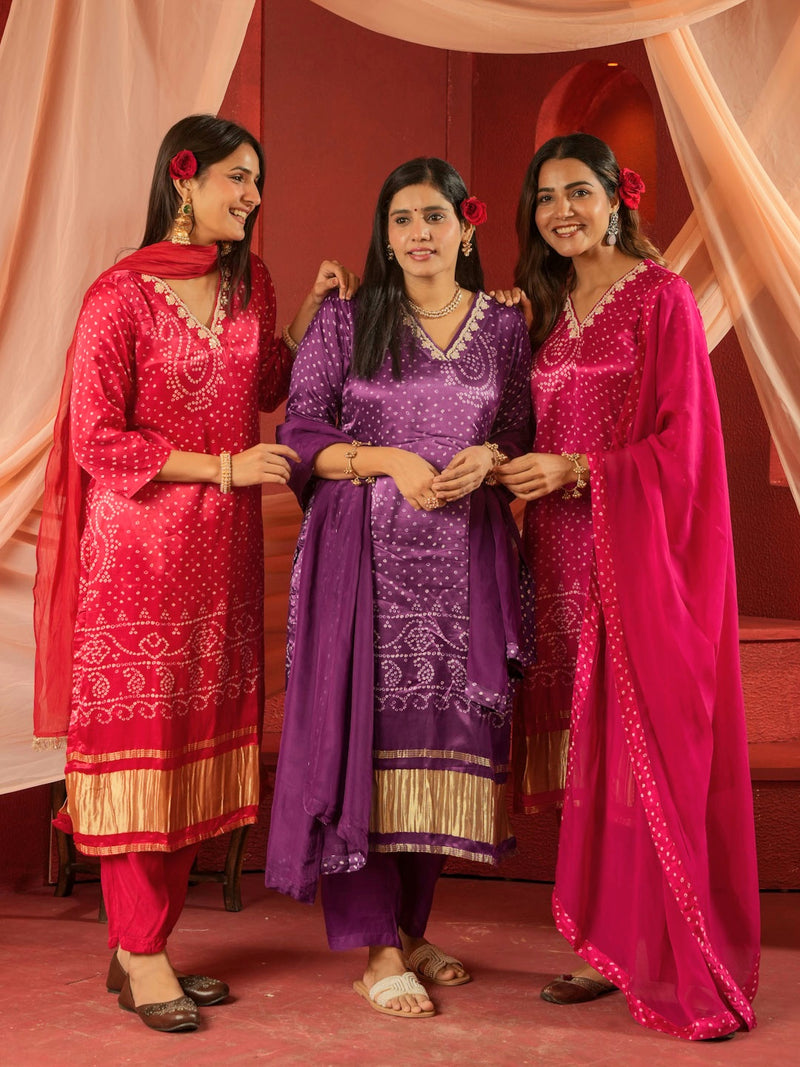 VIOLET BANDHEJ PRINT SUIT SET WITH ORGANZA DUPATTA