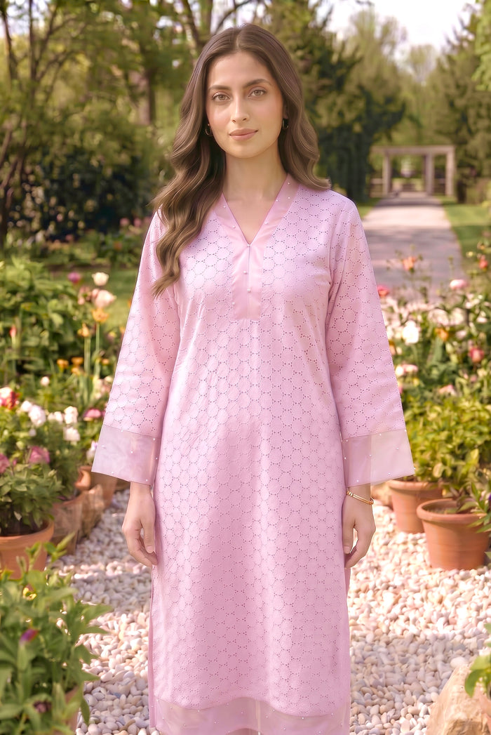 PINK SCHIFFLI KURTA SET WITH PEARL WORK