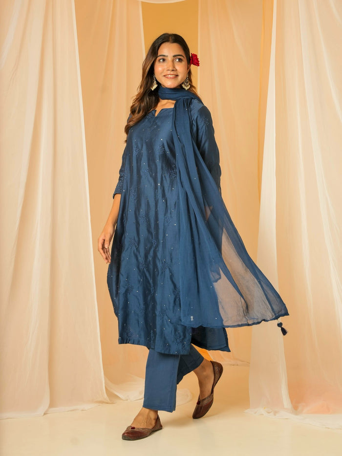 TWILIGHT BLUE CHANDERI SUIT SET WITH HANDWORK
