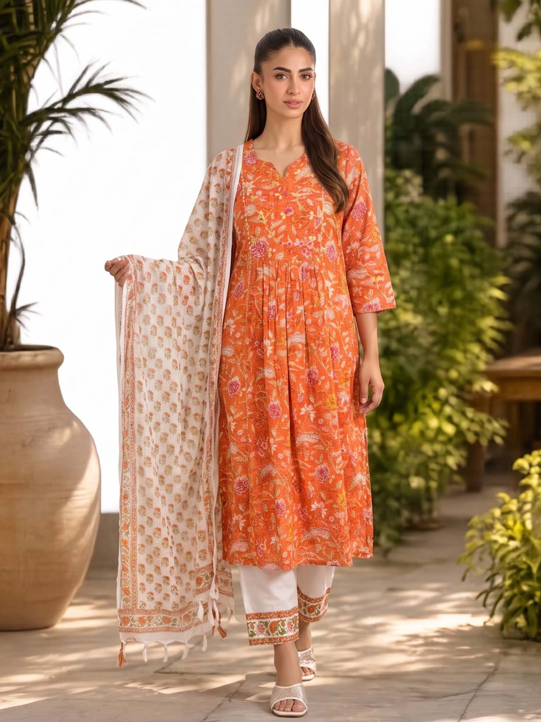 ORANGE KOTA DORIA SUIT SET WITH GOTTA AND HANDBLOCK WORK