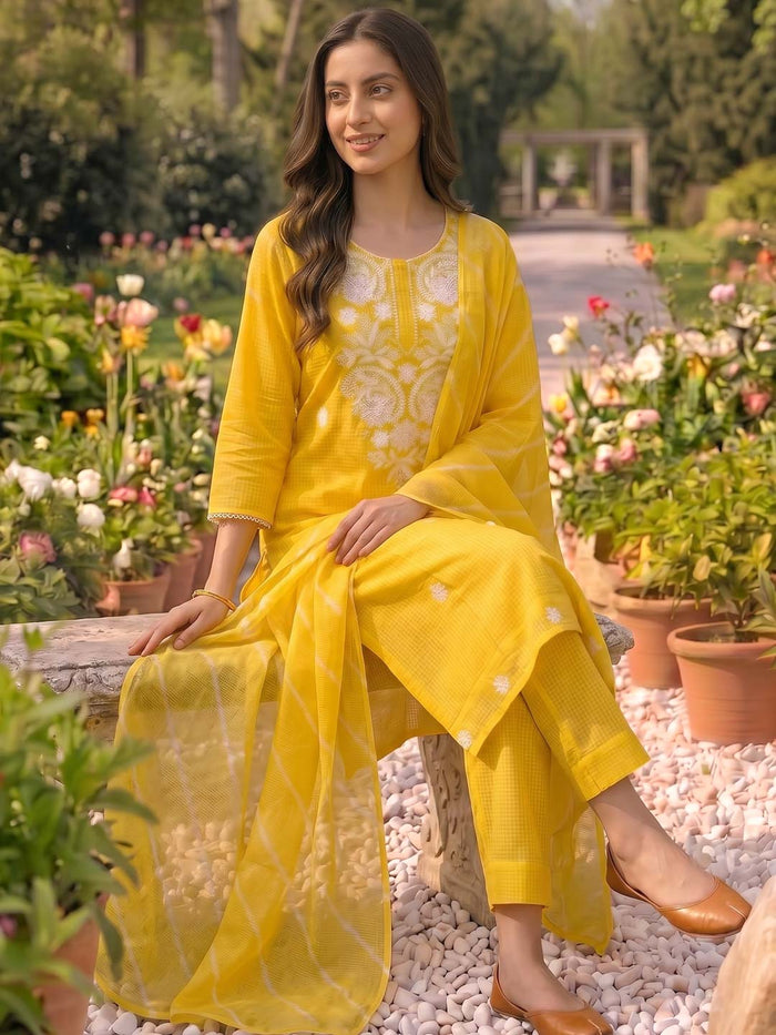 CUSTARD YELLOW KOTA DORIA SUIT SET WITH EMBROIDERY