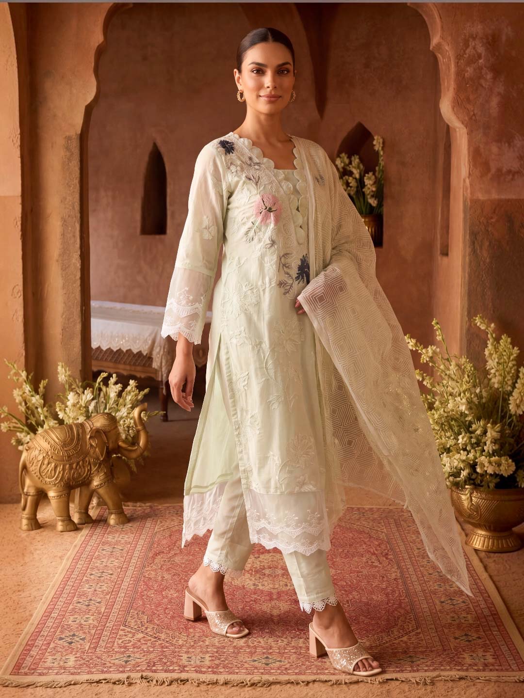 MINT GREEN COTTON EMBROIDERED SUIT SET