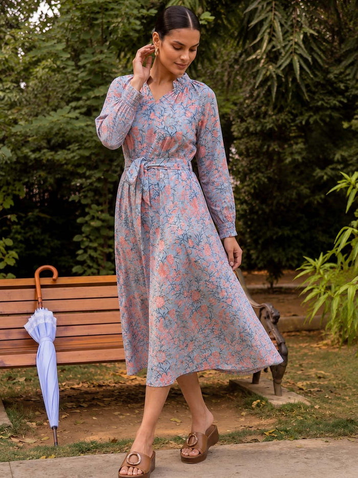 GREY FLOWER COTTON HANDBLOCK DRESS