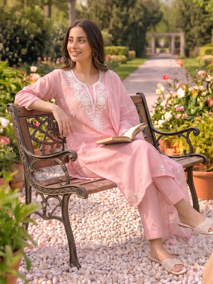 ORCHID PINK KOTA DORIA SUIT SET WITH EMBROIDERY