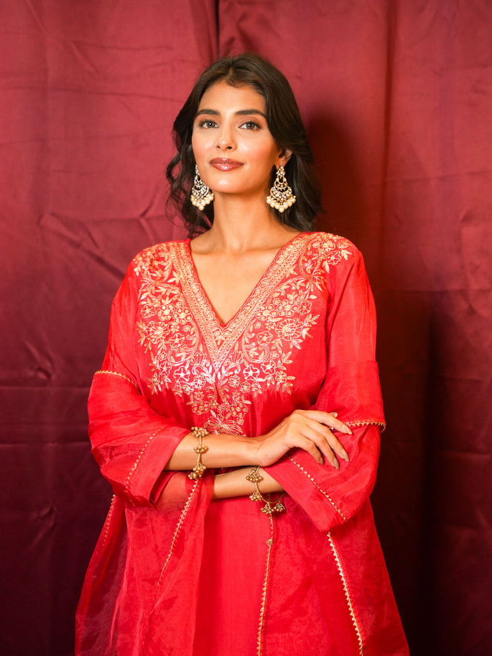 RED HEAVY PITTAN WORK SUIT SET WITH ORGANZA DUPATTA