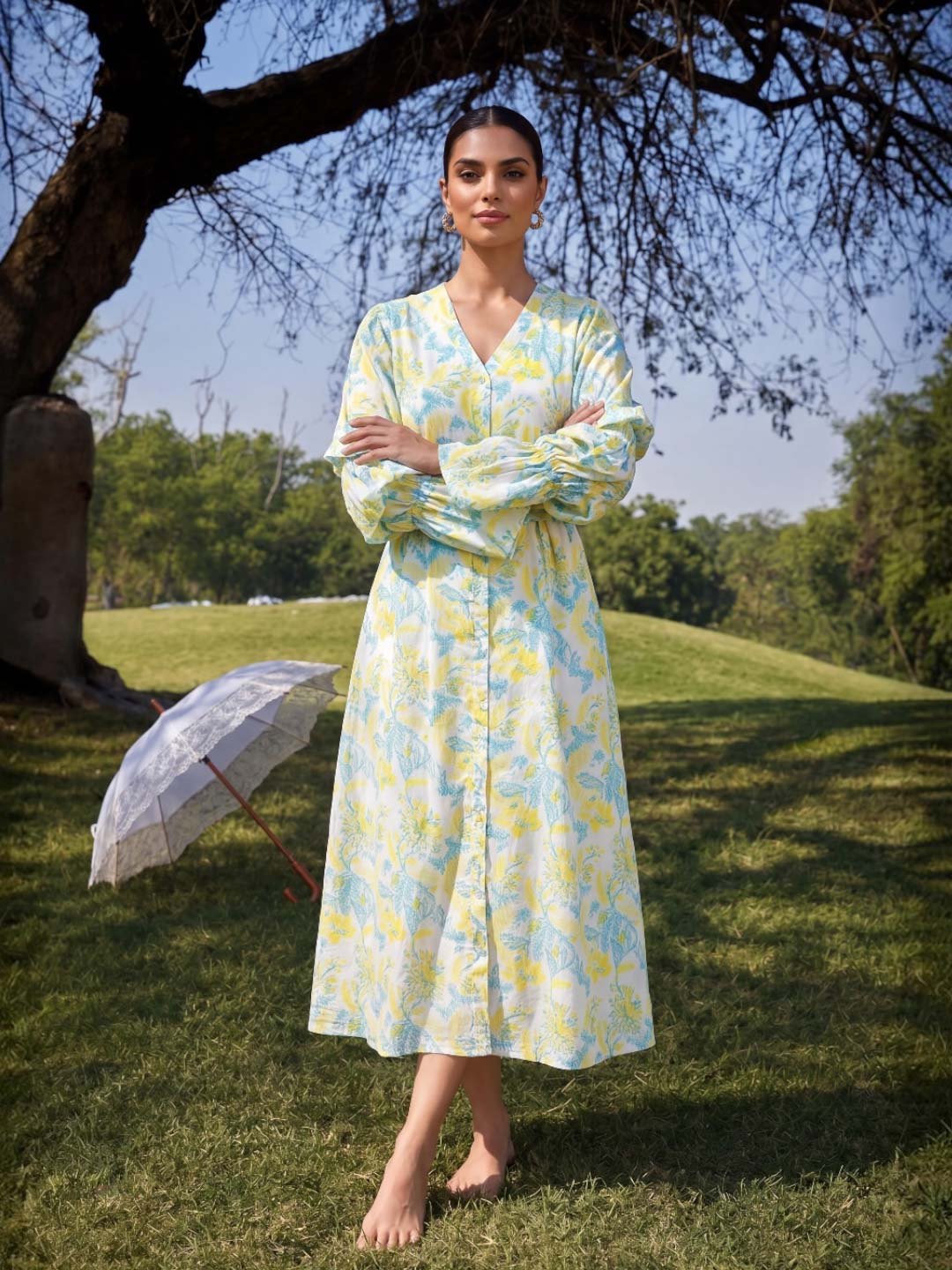 YELLOW & GREEN HANDBLOCK DRESS WITH BELL SLEEVES