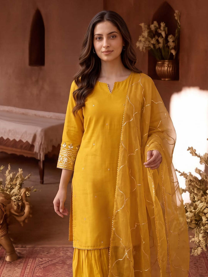 MUSTARD YELLOW CHANDERI SHARARA SET WITH ORGANZA DUPATTA