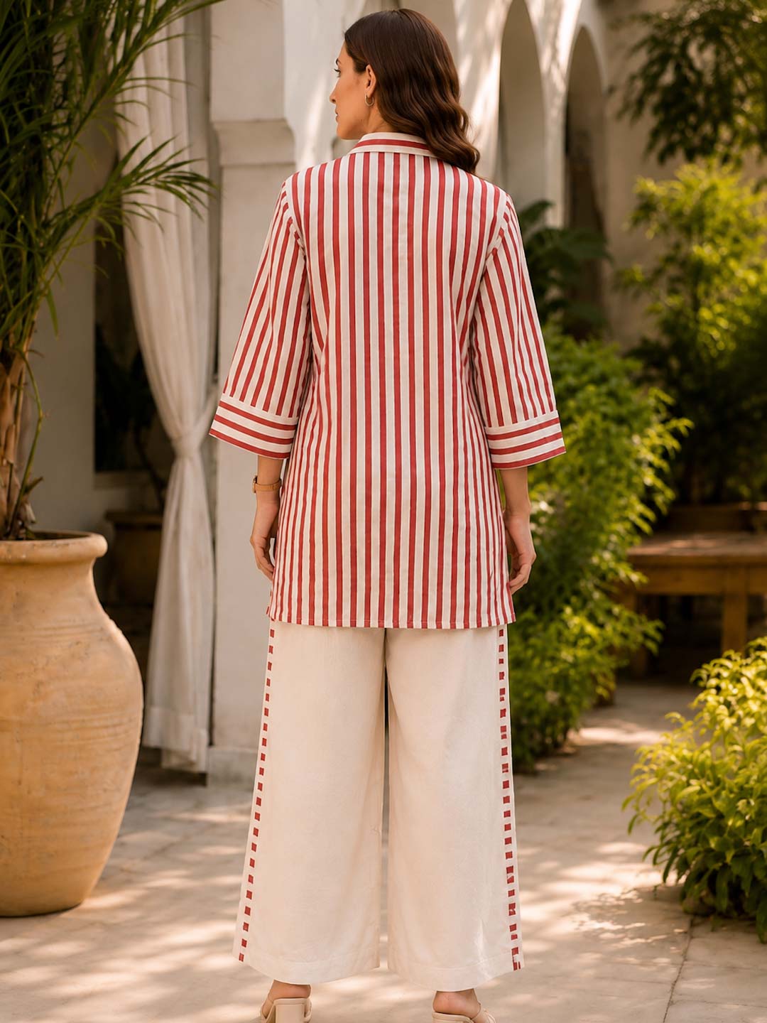 OFF-WHITE & RED STRIPED COTTON SLUB EMBROIDERED CO-ORD SET