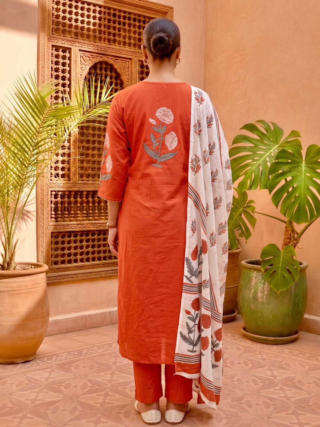 BURNT ORANGE  COTTON HANDBLOCK SUIT SET