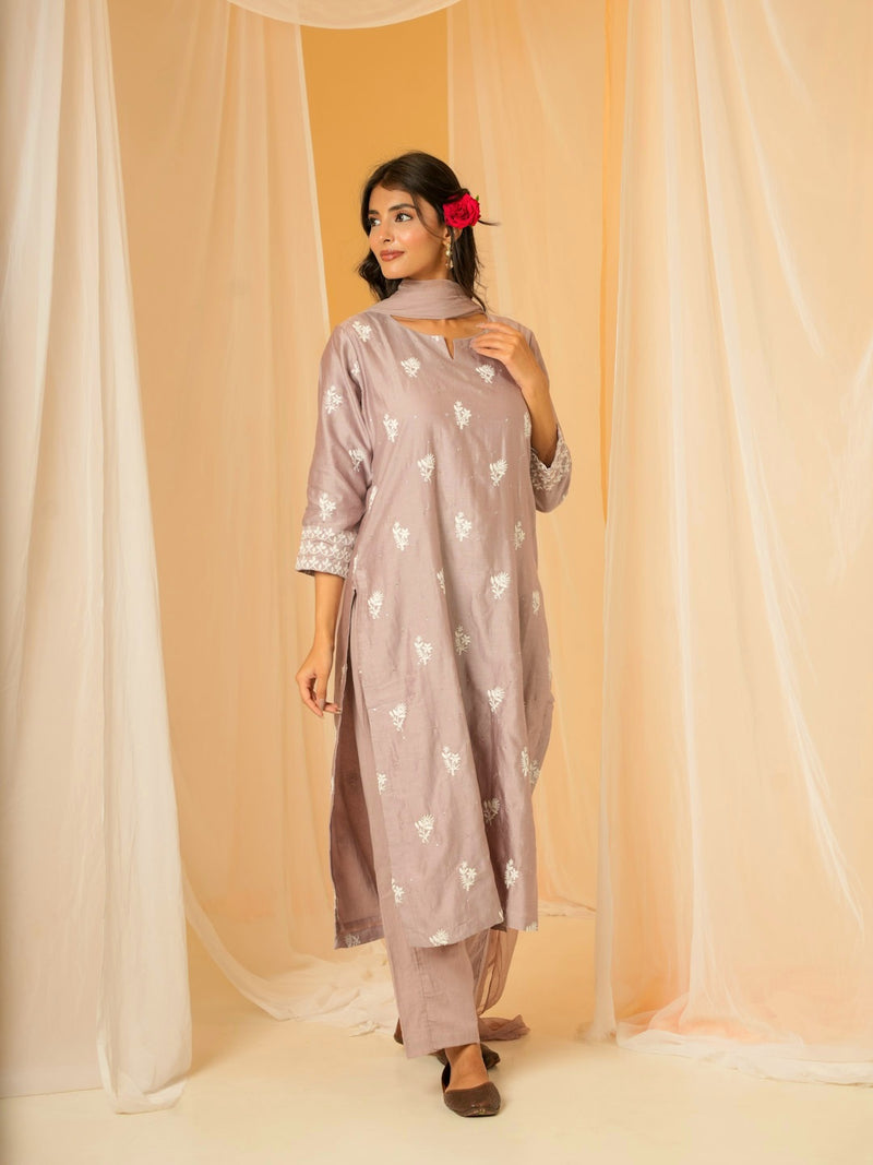 MAUVE CHANDERI SUIT SET WITH EMBROIDERY