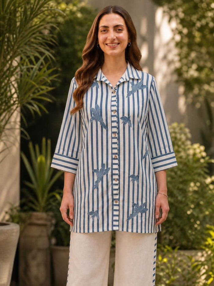 OFF-WHITE & TEAL BLUE STRIPED COTTON SLUB EMBROIDERED CO-ORD SET