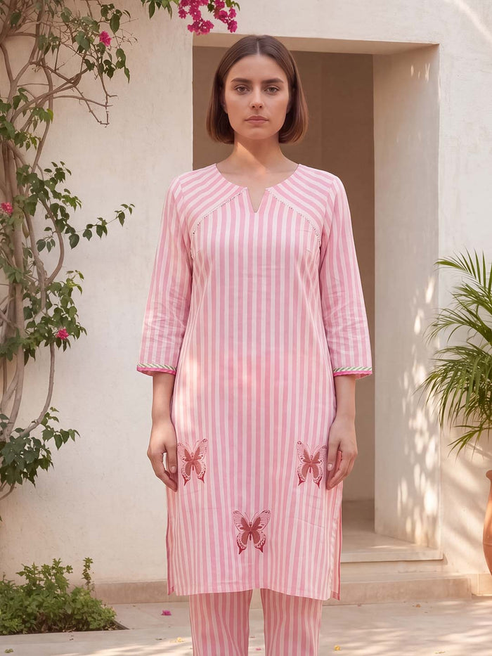 PINK STRIPES COTTON HANDBLOCK CO-ORD WITH PATCHWORK