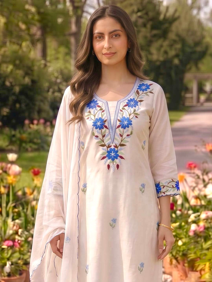 WHITE CHANDERI SUIT SET WITH EMBROIDERY AND ORGANZA DUPATTA