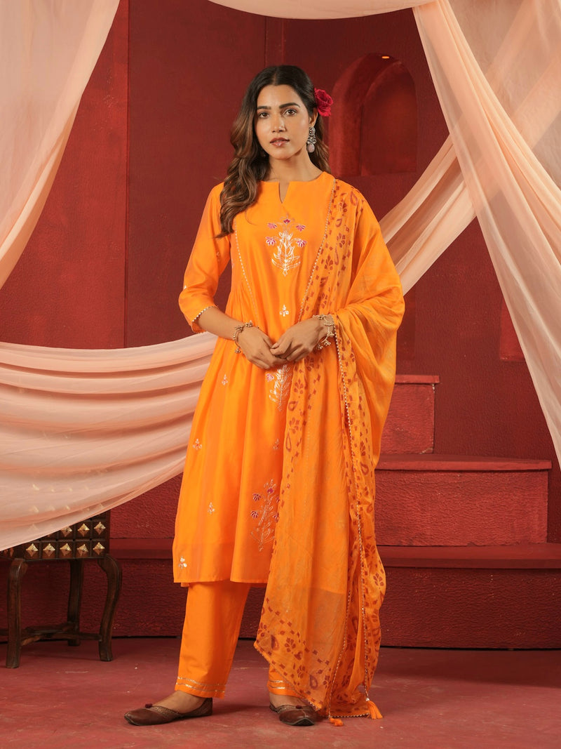 ORANGE CHANDERI SUIT SET WITH PITTAN WORK
