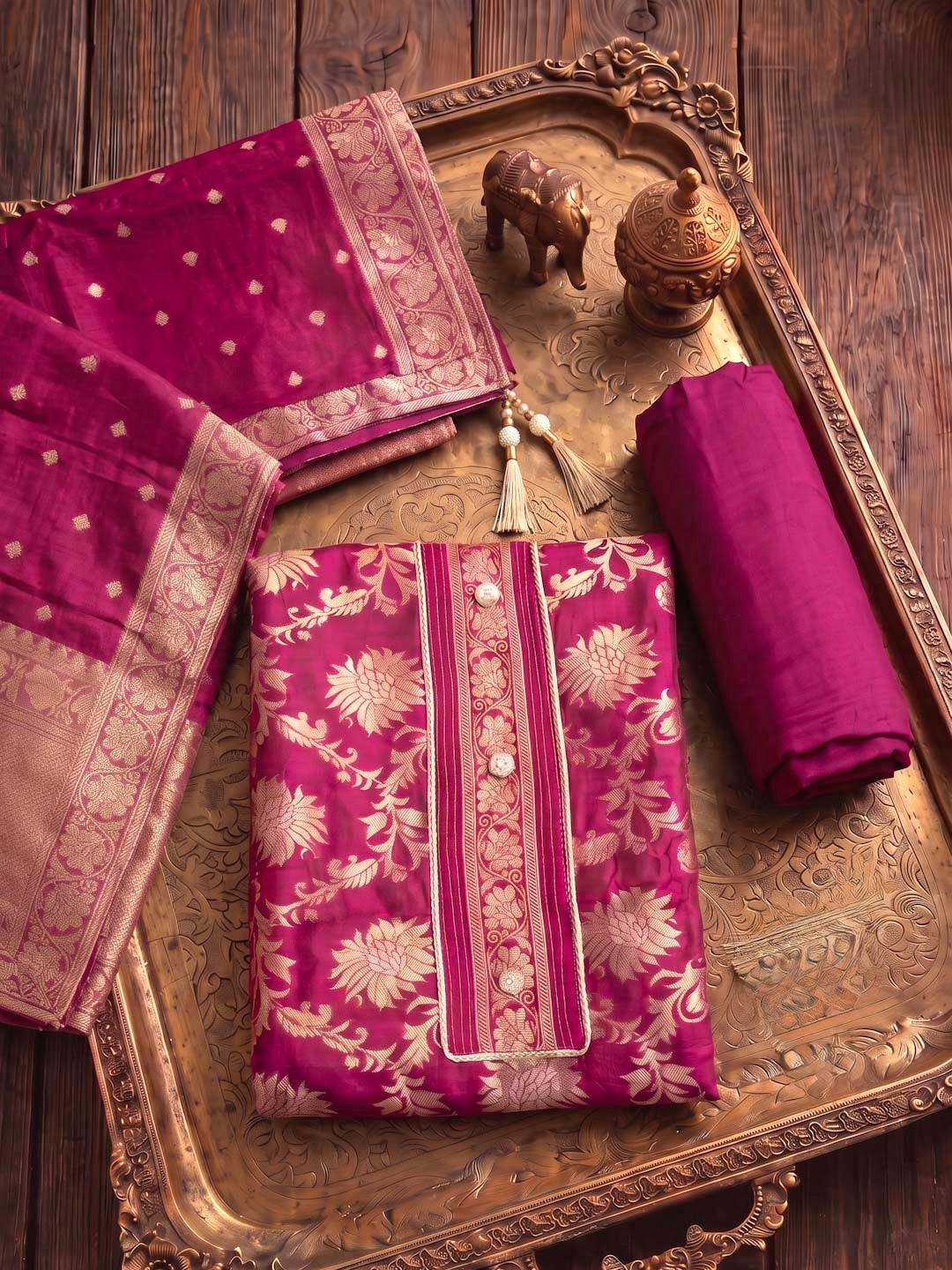 PURPLE BANARSI SILK UNSTITCHED SUIT SET