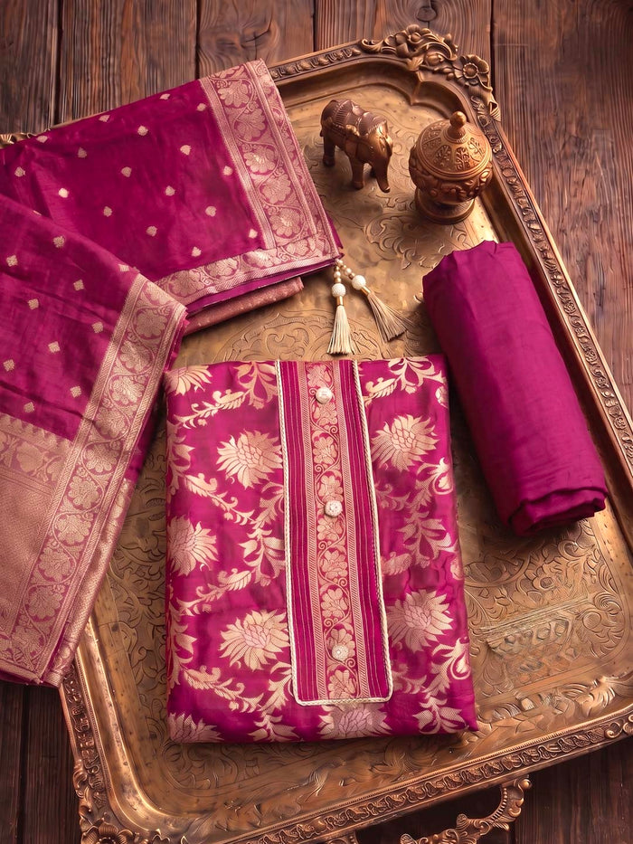 PURPLE BANARSI SILK UNSTITCHED SUIT SET