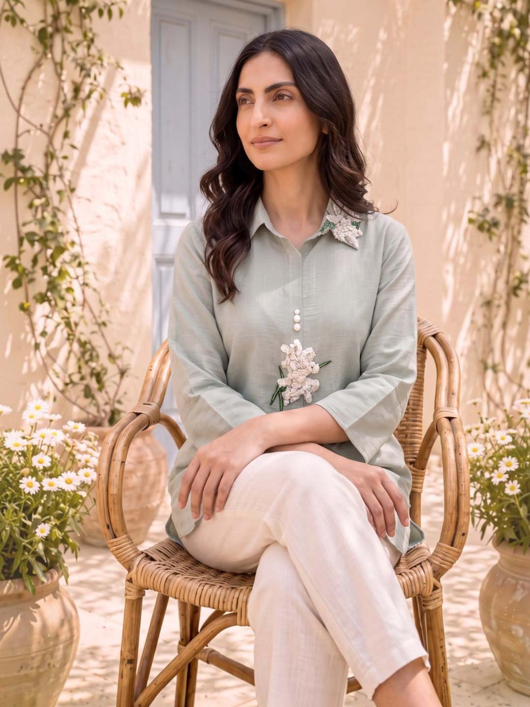DUSK BLUE COTTON HANDWORK TOP WITH EMBROIDERY